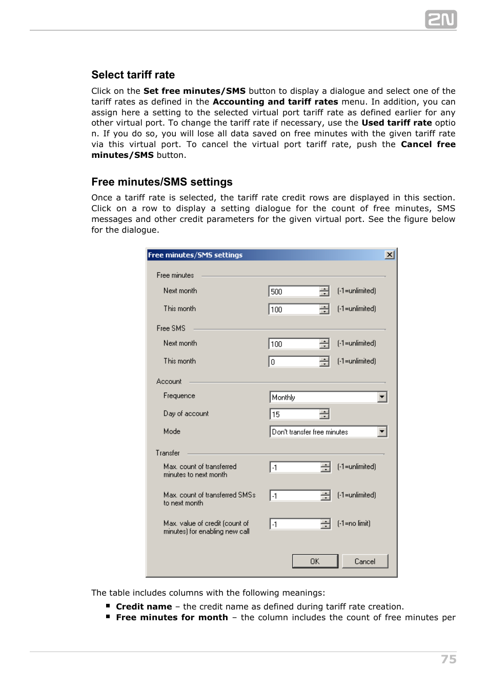 Select tariff rate, Free minutes/sms settings | 2N NetStar Admin manual User Manual | Page 75 / 282