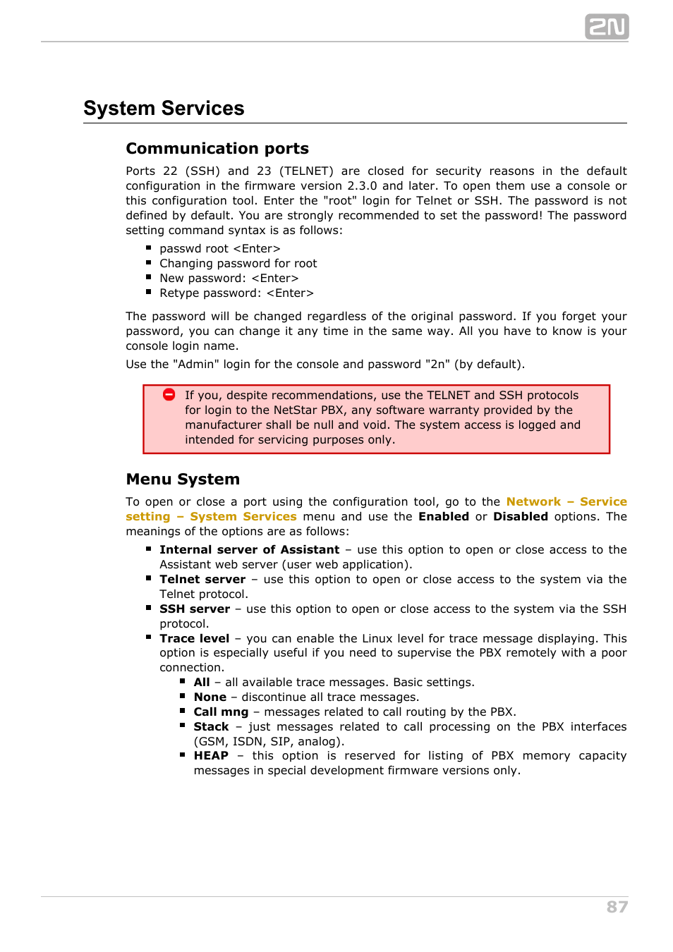 System services, Communication ports, Menu system | 2N NetStar Admin manual User Manual | Page 87 / 282