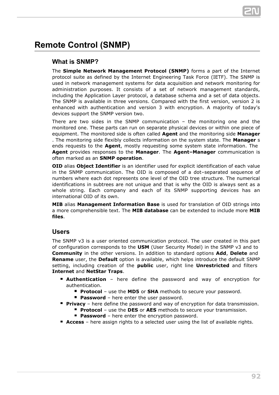 Remote control (snmp), What is snmp, Users | 2N NetStar Admin manual User Manual | Page 92 / 282