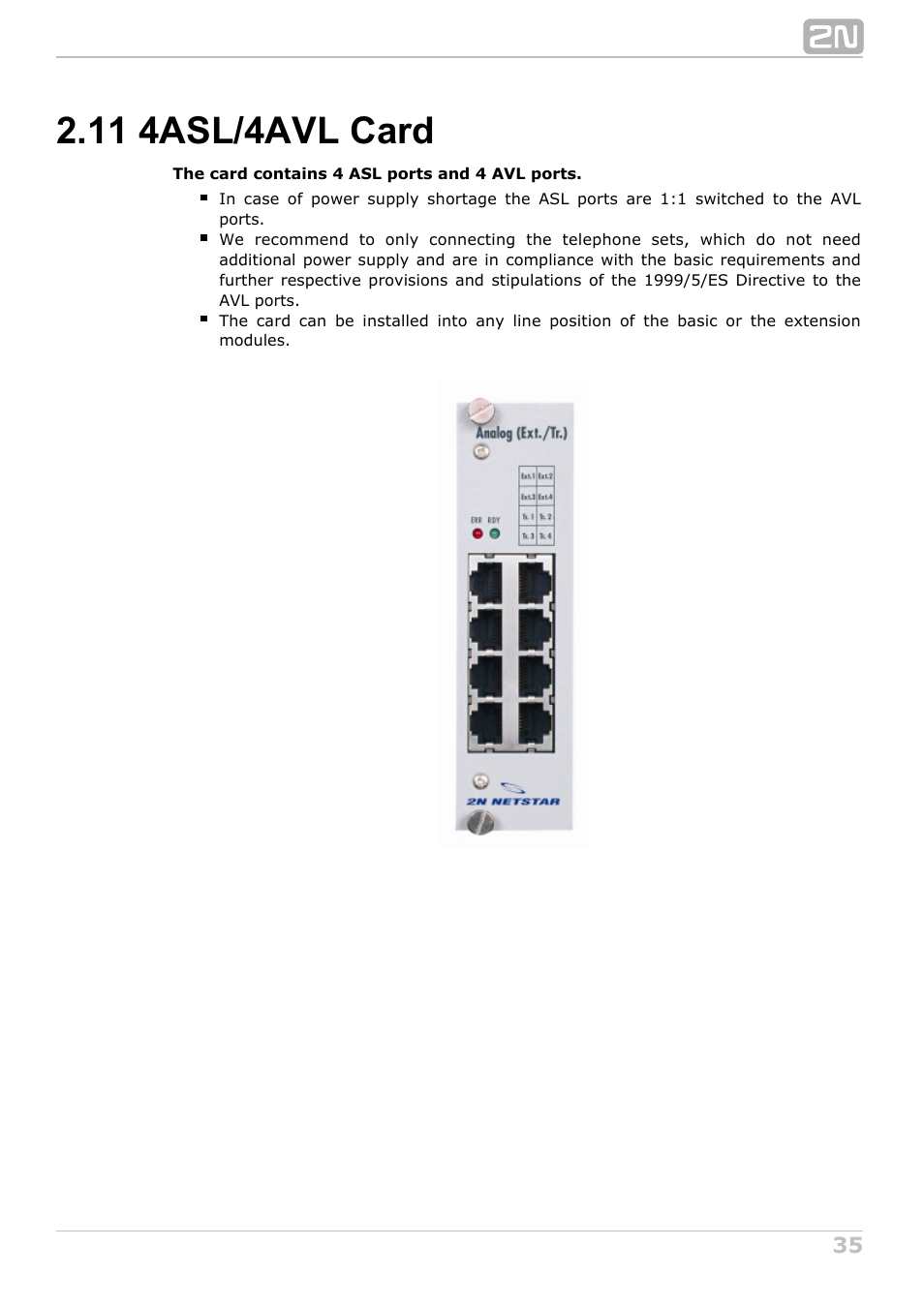 11 4asl/4avl card | 2N NetStar Hardware manual User Manual | Page 35 / 58