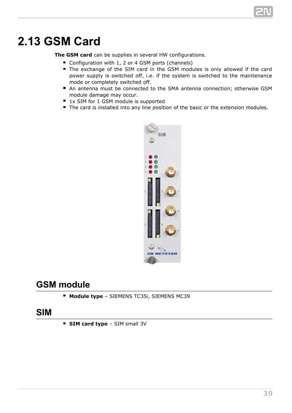 13 gsm card, Gsm module | 2N NetStar Hardware manual User Manual | Page 39 / 58