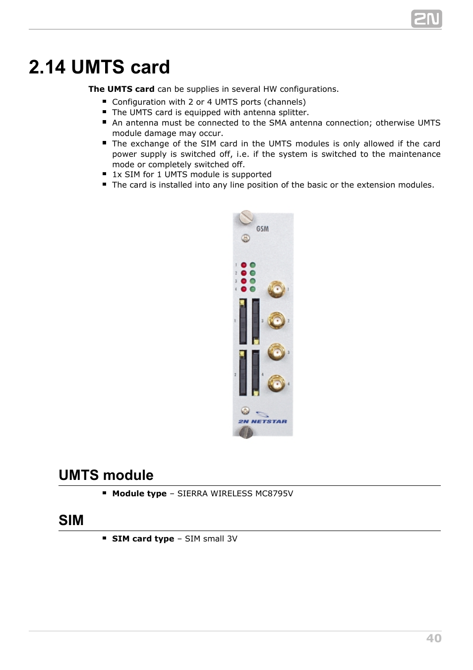 14 umts card, Umts module | 2N NetStar Hardware manual User Manual | Page 40 / 58