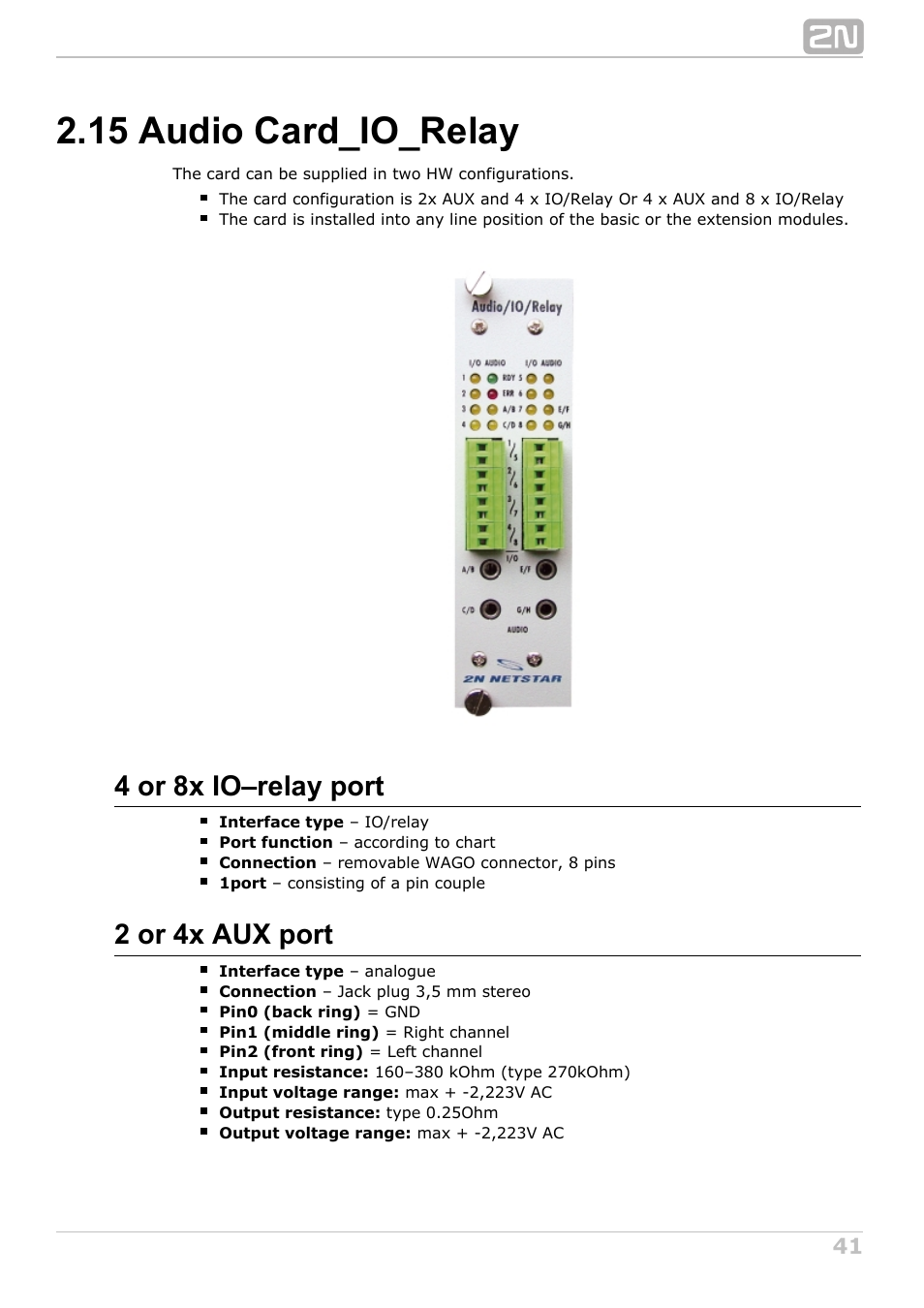 15 audio card_io_relay, 4 or 8x io–relay port, 2 or 4x aux port | 2N NetStar Hardware manual User Manual | Page 41 / 58