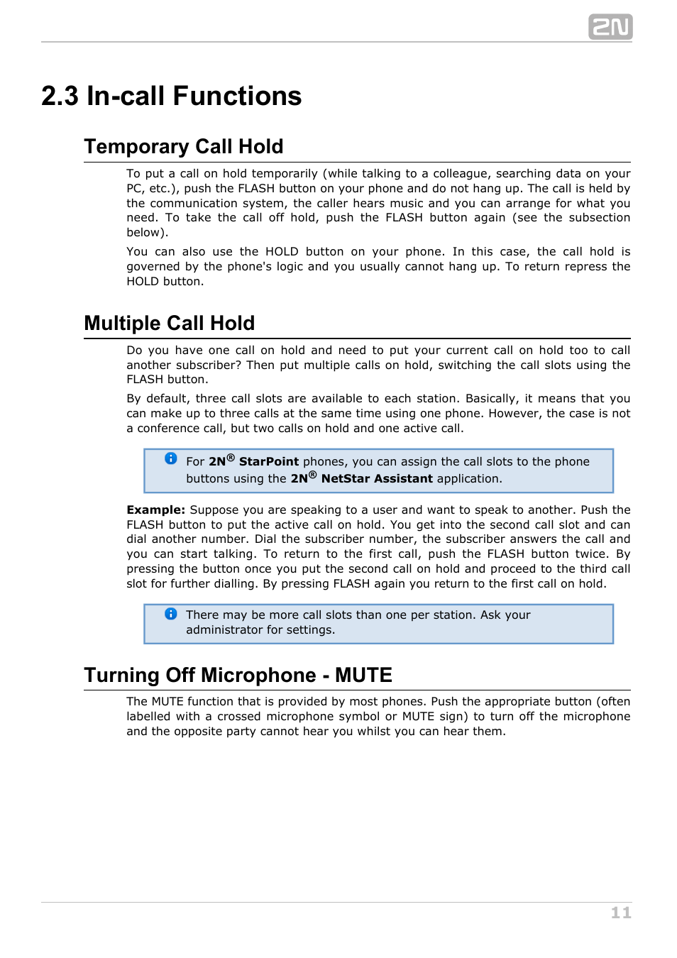 3 in-call functions, Temporary call hold, Multiple call hold | Turning off microphone - mute | 2N NetStar User Manual User Manual | Page 11 / 60