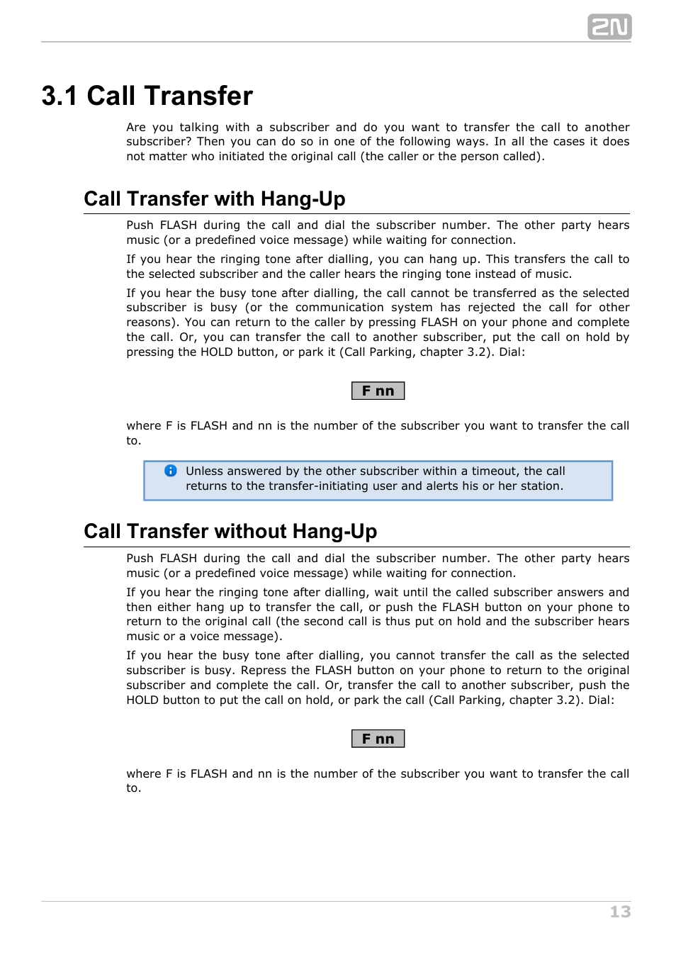 1 call transfer, Call transfer with hang-up, Call transfer without hang-up | 2N NetStar User Manual User Manual | Page 13 / 60