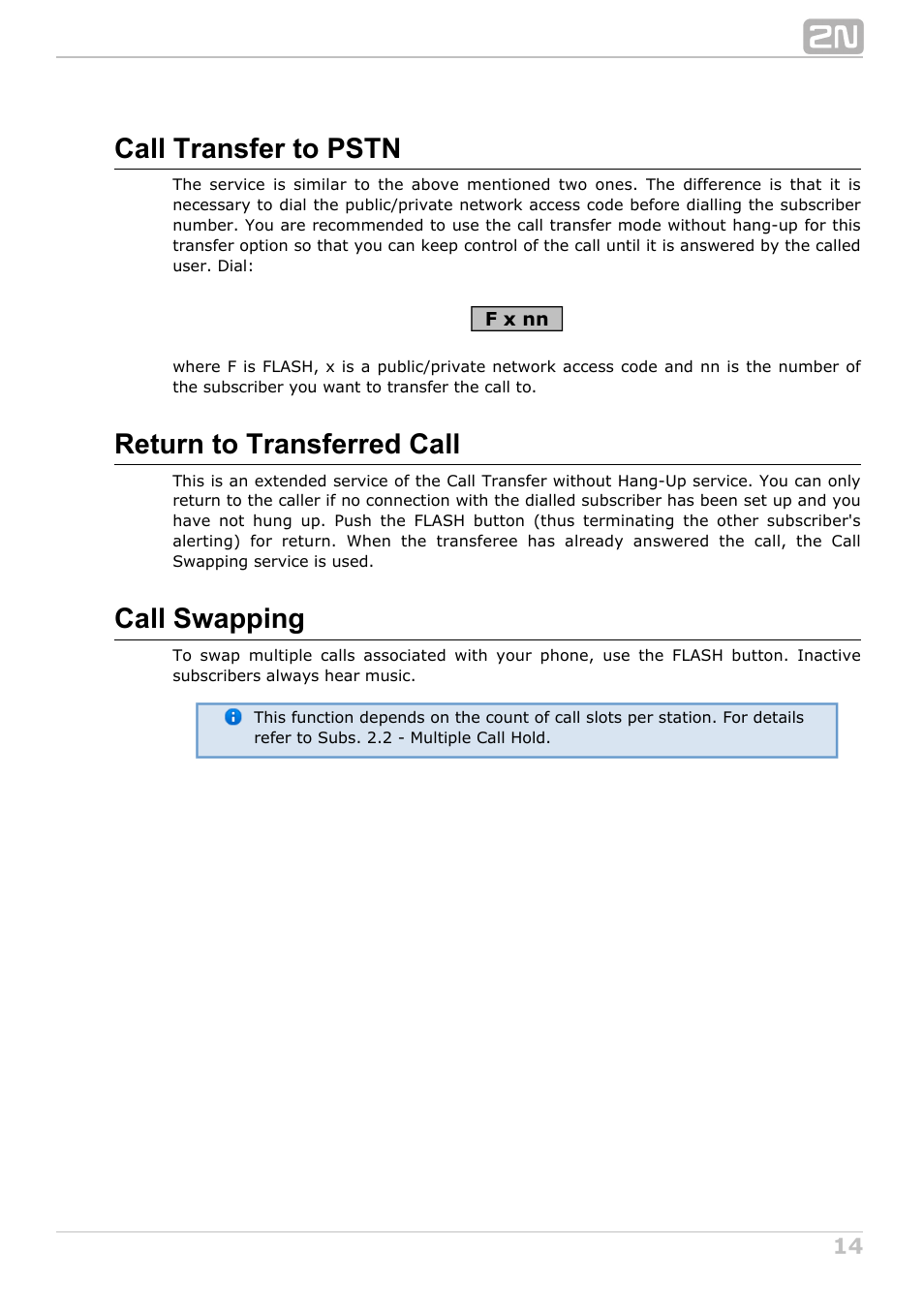 Call transfer to pstn, Return to transferred call, Call swapping | 2N NetStar User Manual User Manual | Page 14 / 60