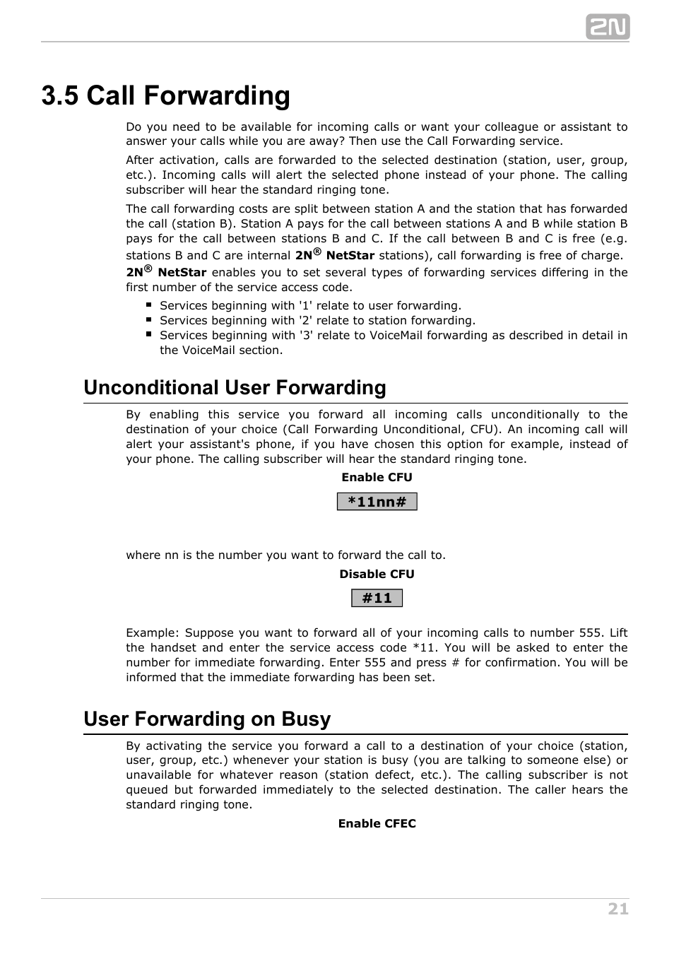 5 call forwarding, Unconditional user forwarding, User forwarding on busy | 2N NetStar User Manual User Manual | Page 21 / 60