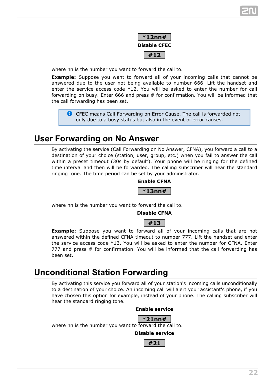 User forwarding on no answer, Unconditional station forwarding | 2N NetStar User Manual User Manual | Page 22 / 60