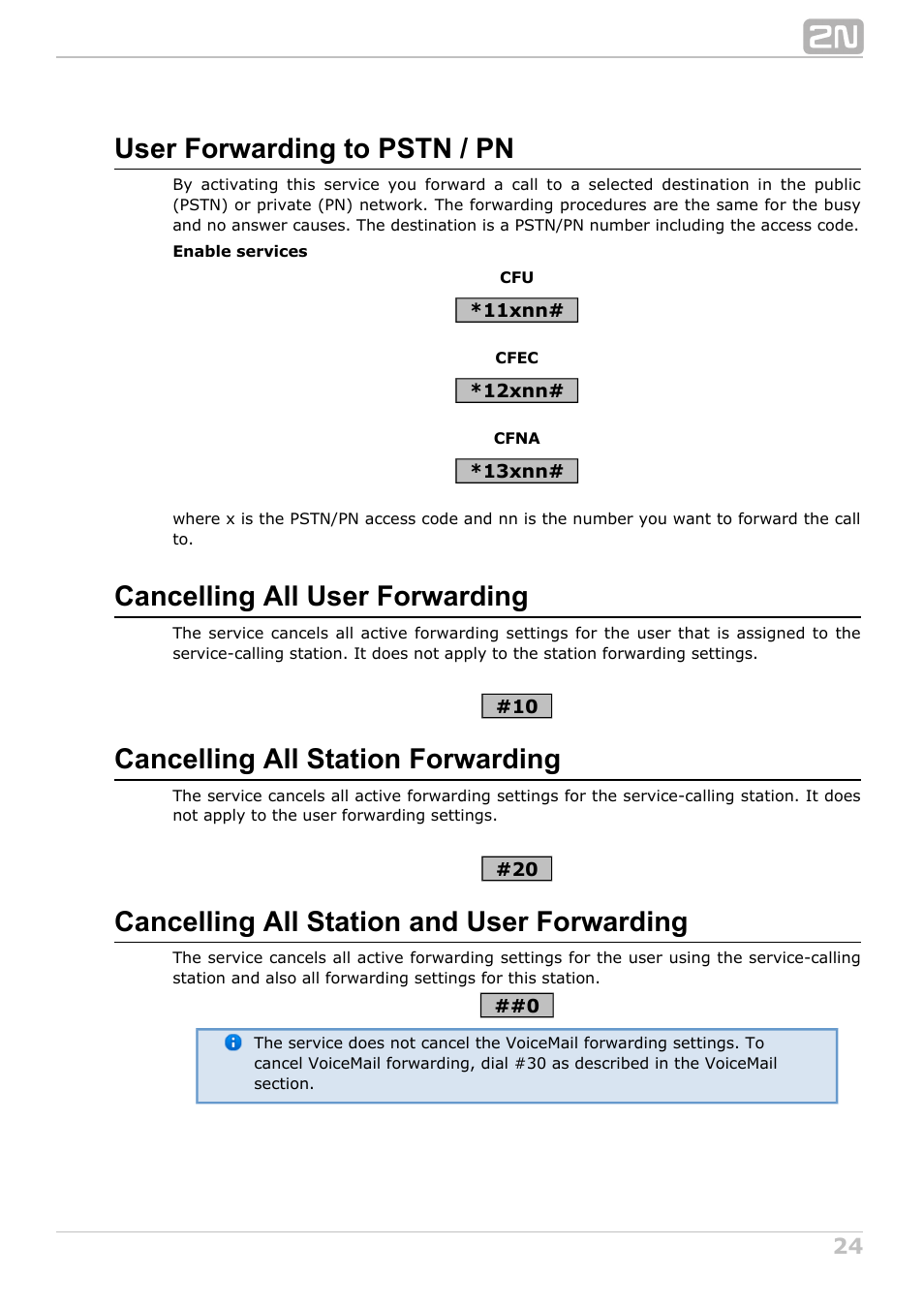 User forwarding to pstn / pn, Cancelling all user forwarding, Cancelling all station forwarding | Cancelling all station and user forwarding | 2N NetStar User Manual User Manual | Page 24 / 60