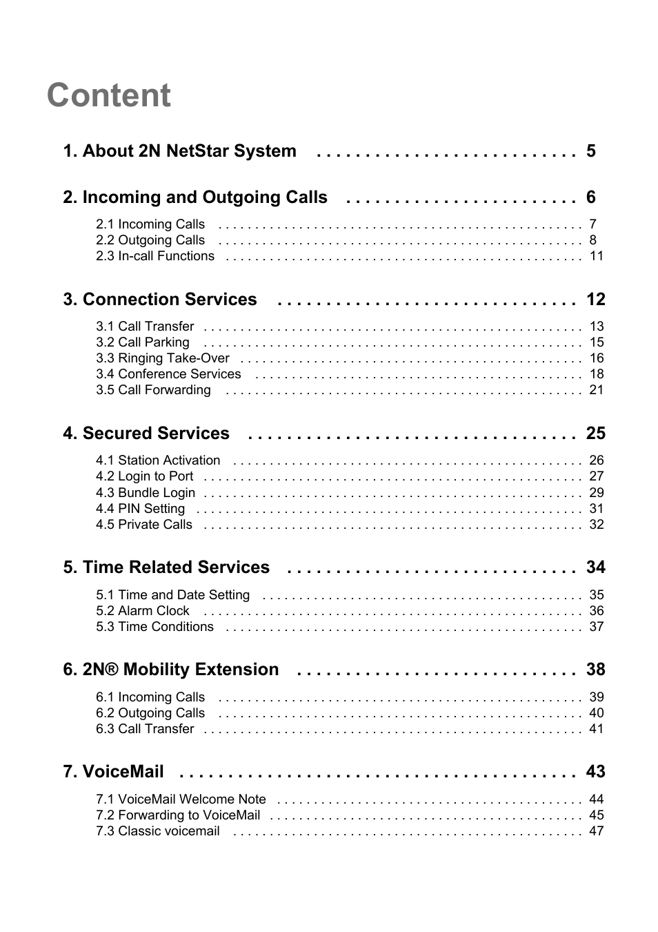 Content, Connection services, Secured services | Time related services, 2n® mobility extension, Voicemail | 2N NetStar User Manual User Manual | Page 3 / 60