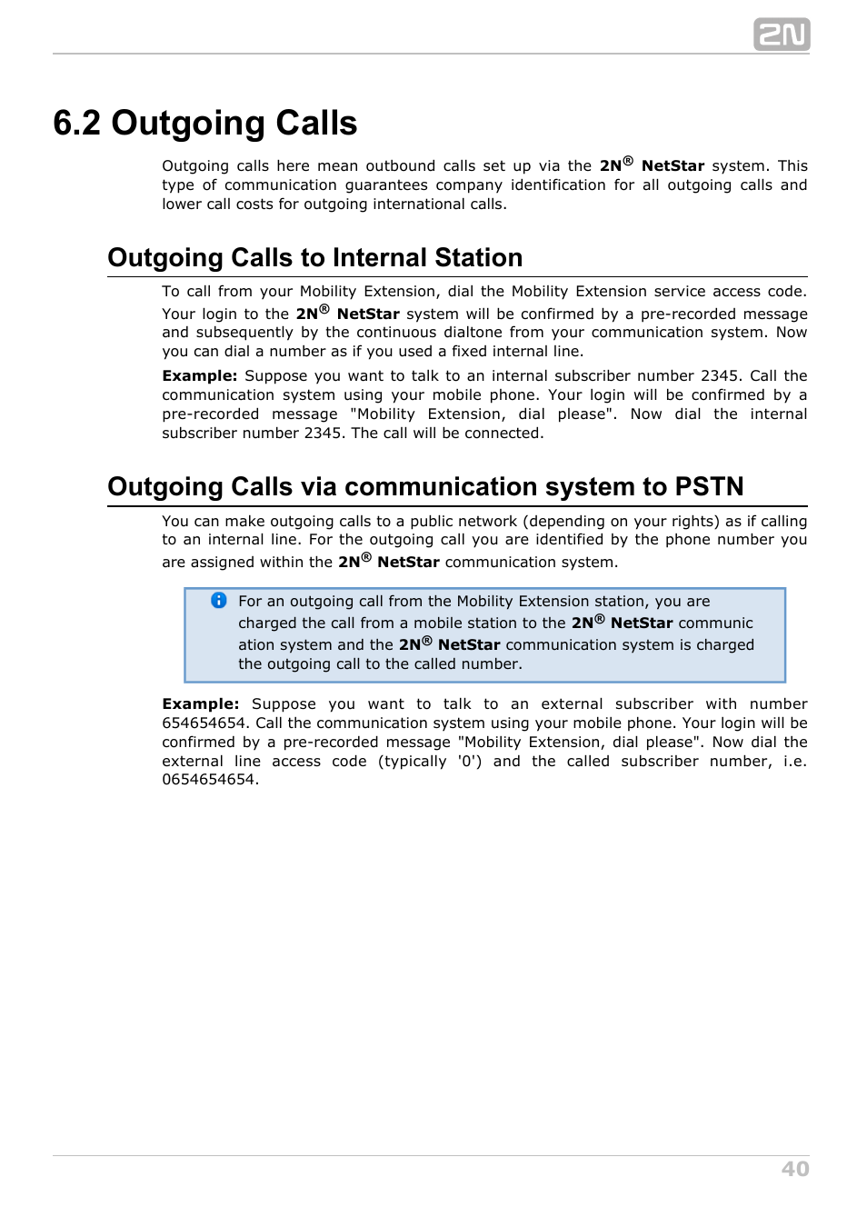 2 outgoing calls, Outgoing calls to internal station, Outgoing calls via communication system to pstn | 2N NetStar User Manual User Manual | Page 40 / 60