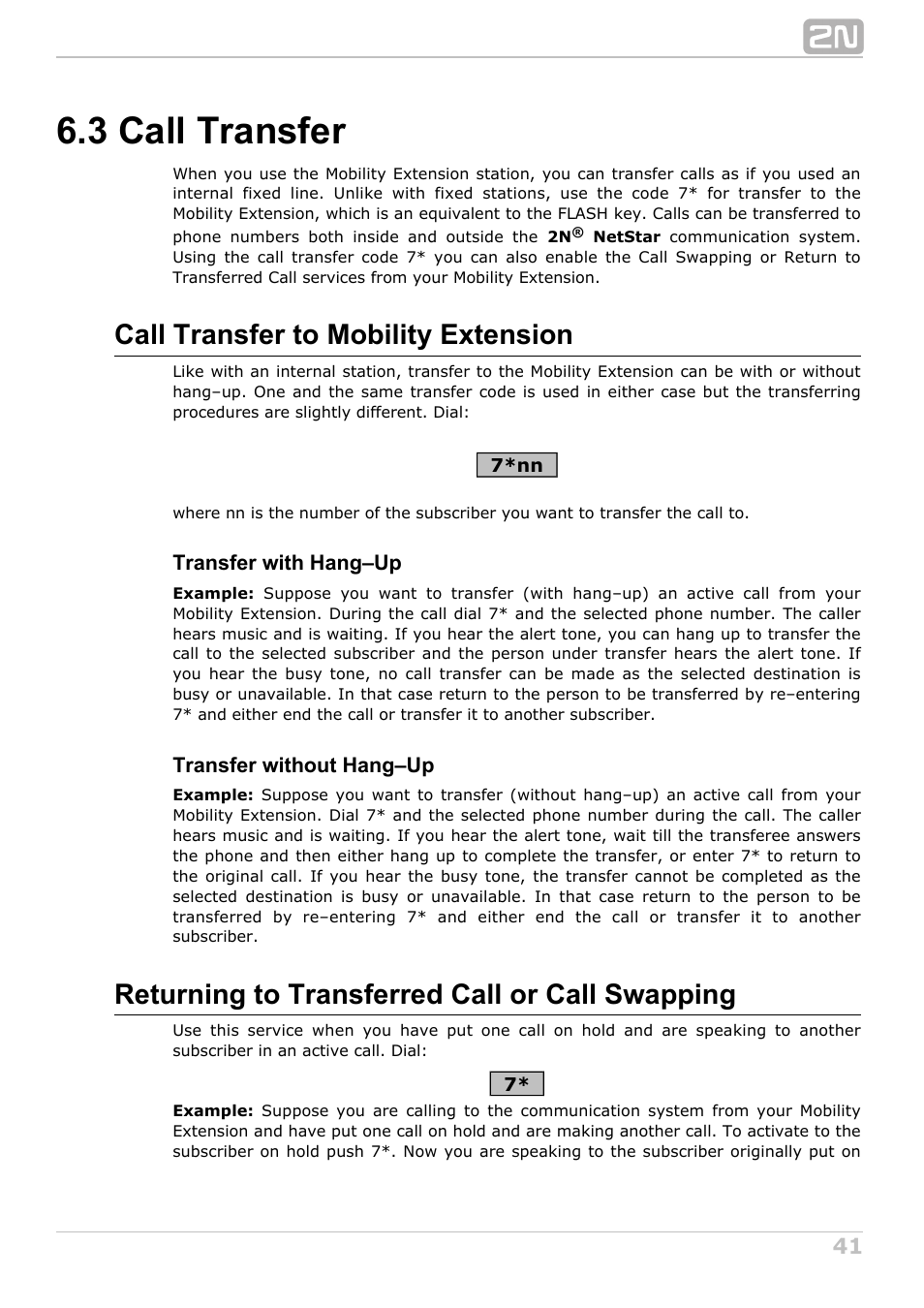 3 call transfer, Call transfer to mobility extension, Returning to transferred call or call swapping | 2N NetStar User Manual User Manual | Page 41 / 60