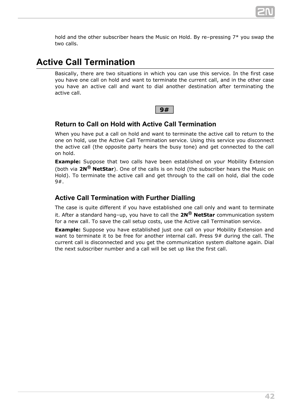 Active call termination, Active call termination with further dialling | 2N NetStar User Manual User Manual | Page 42 / 60