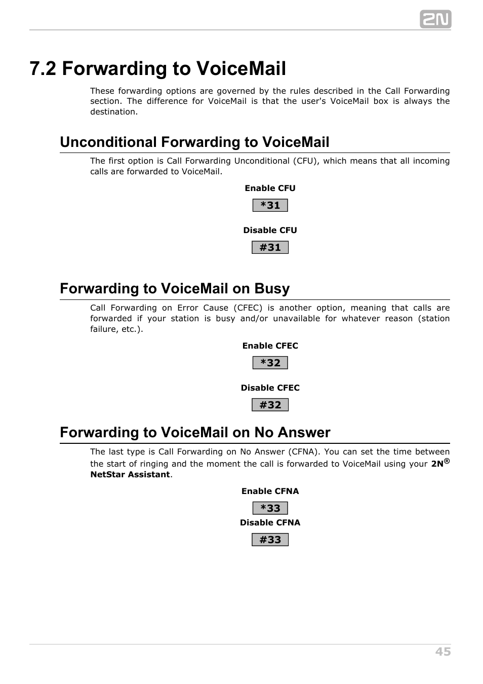 2 forwarding to voicemail, Unconditional forwarding to voicemail, Forwarding to voicemail on busy | Forwarding to voicemail on no answer | 2N NetStar User Manual User Manual | Page 45 / 60