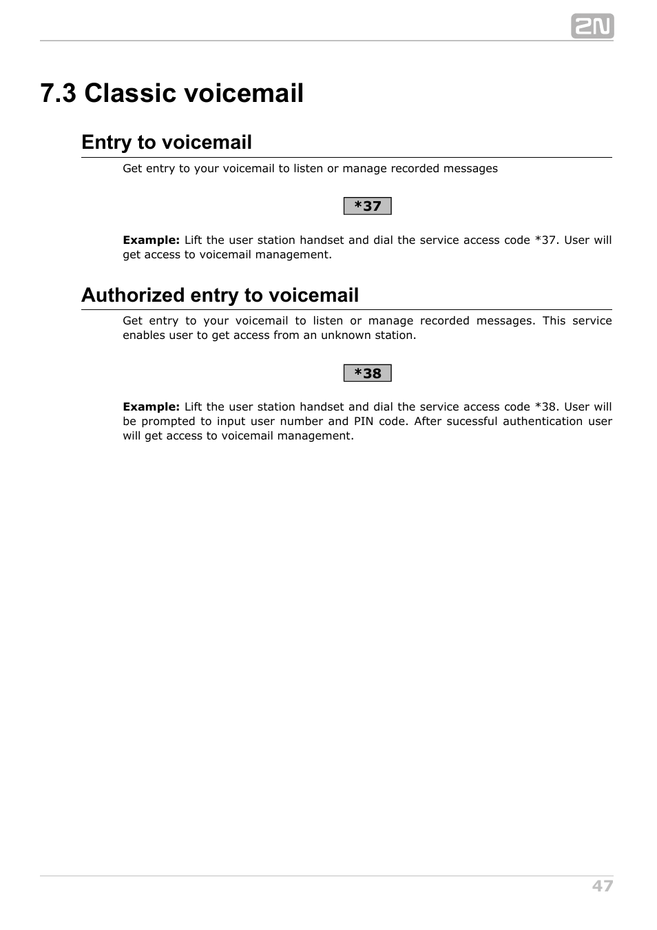 3 classic voicemail, Entry to voicemail, Authorized entry to voicemail | 2N NetStar User Manual User Manual | Page 47 / 60