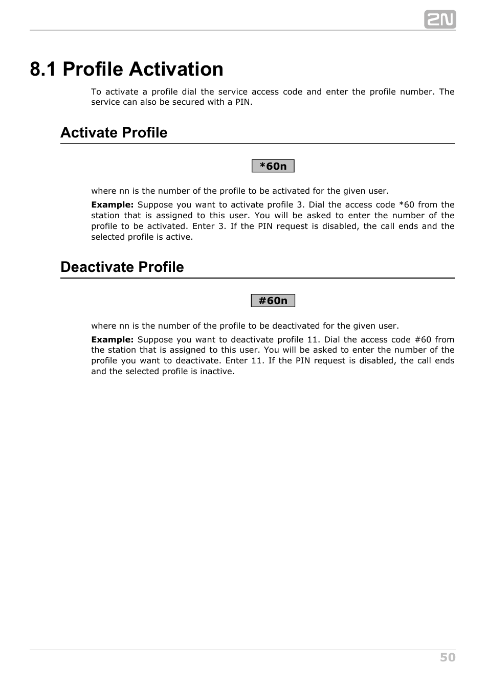 1 profile activation, Activate profile, Deactivate profile | 2N NetStar User Manual User Manual | Page 50 / 60
