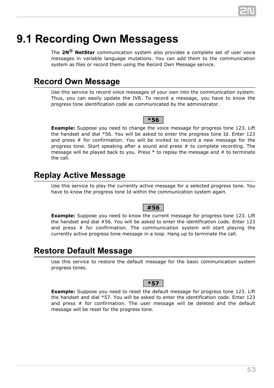 1 recording own messagess, Record own message, Replay active message | Restore default message | 2N NetStar User Manual User Manual | Page 53 / 60