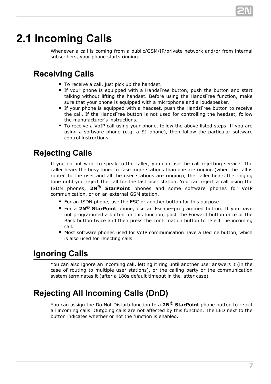1 incoming calls, Receiving calls, Rejecting calls | Ignoring calls, Rejecting all incoming calls (dnd) | 2N NetStar User Manual User Manual | Page 7 / 60