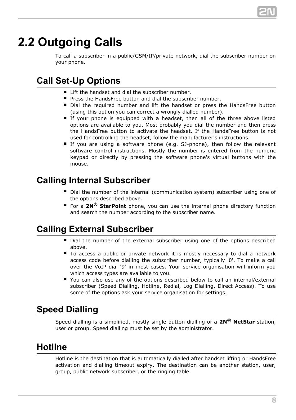 2 outgoing calls, Call set-up options, Calling internal subscriber | Calling external subscriber, Speed dialling, Hotline | 2N NetStar User Manual User Manual | Page 8 / 60