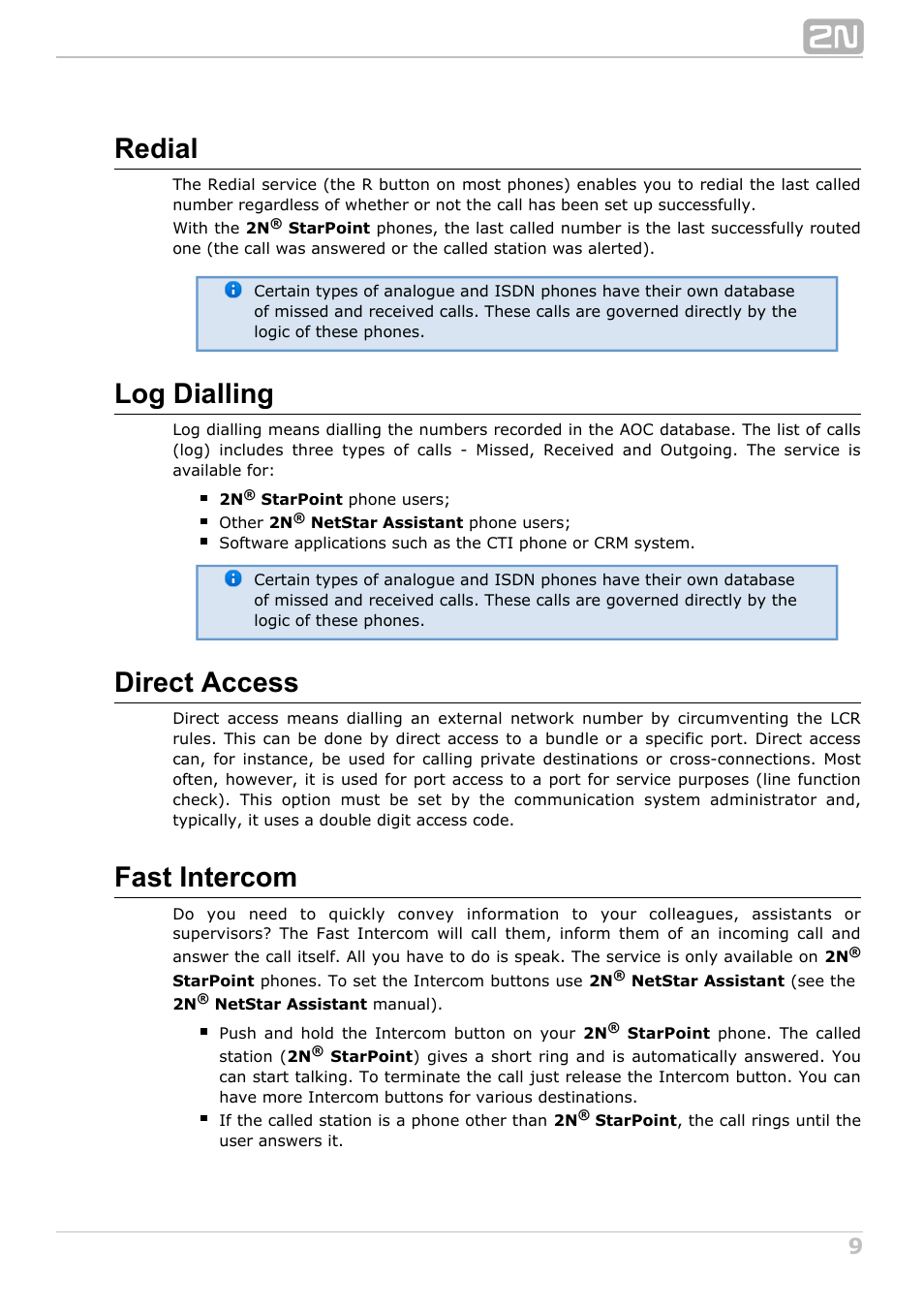 Redial, Log dialling, Direct access | Fast intercom | 2N NetStar User Manual User Manual | Page 9 / 60