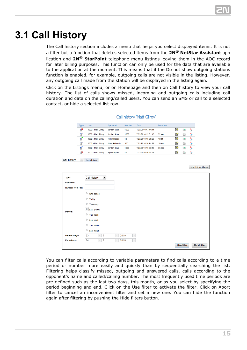 1 call history | 2N NetStar Assistant manual User Manual | Page 15 / 91