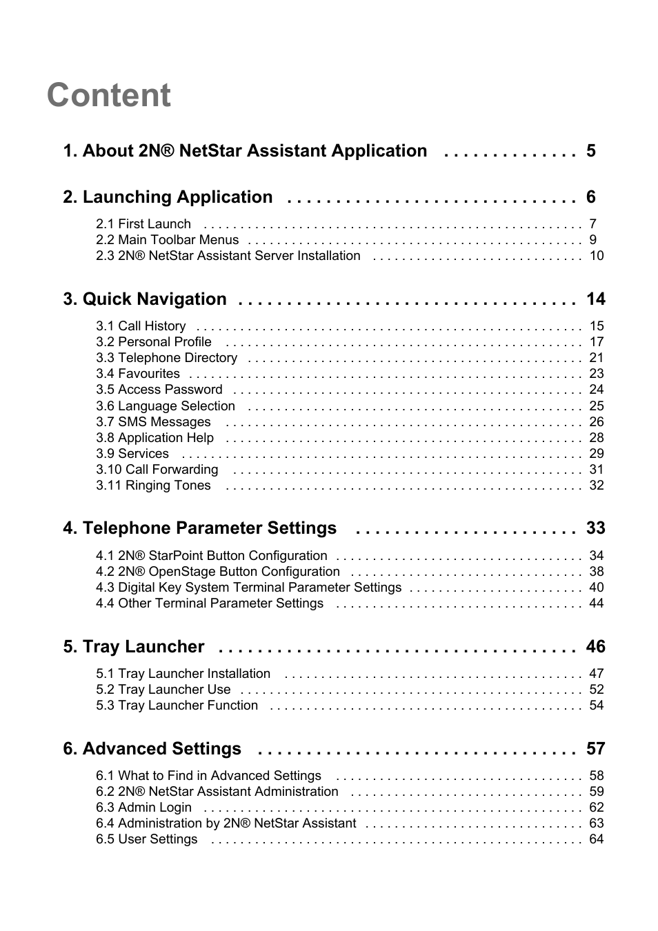 Content, Quick navigation, Telephone parameter settings | Tray launcher, Advanced settings | 2N NetStar Assistant manual User Manual | Page 3 / 91