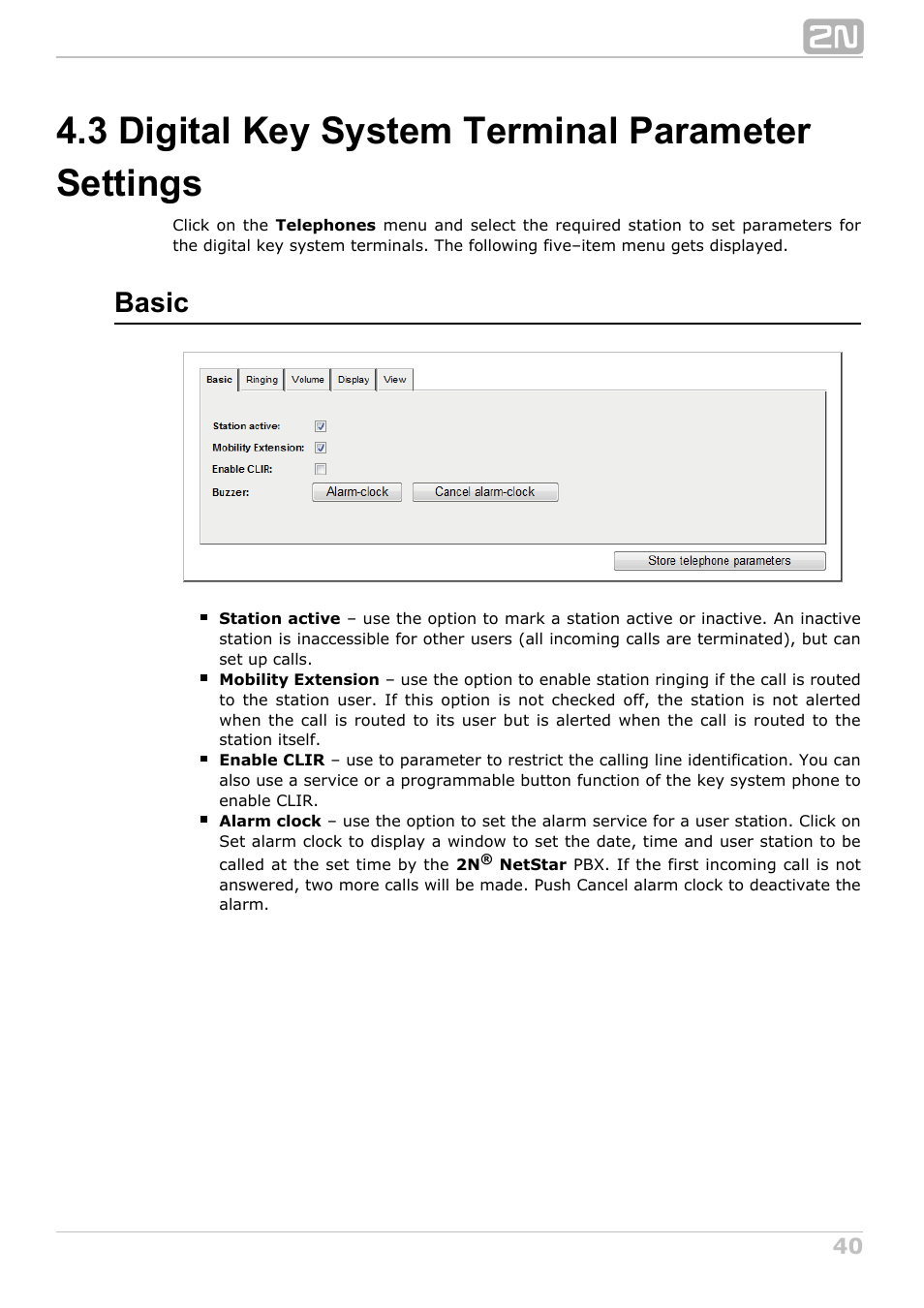 3 digital key system terminal parameter settings, Basic | 2N NetStar Assistant manual User Manual | Page 40 / 91