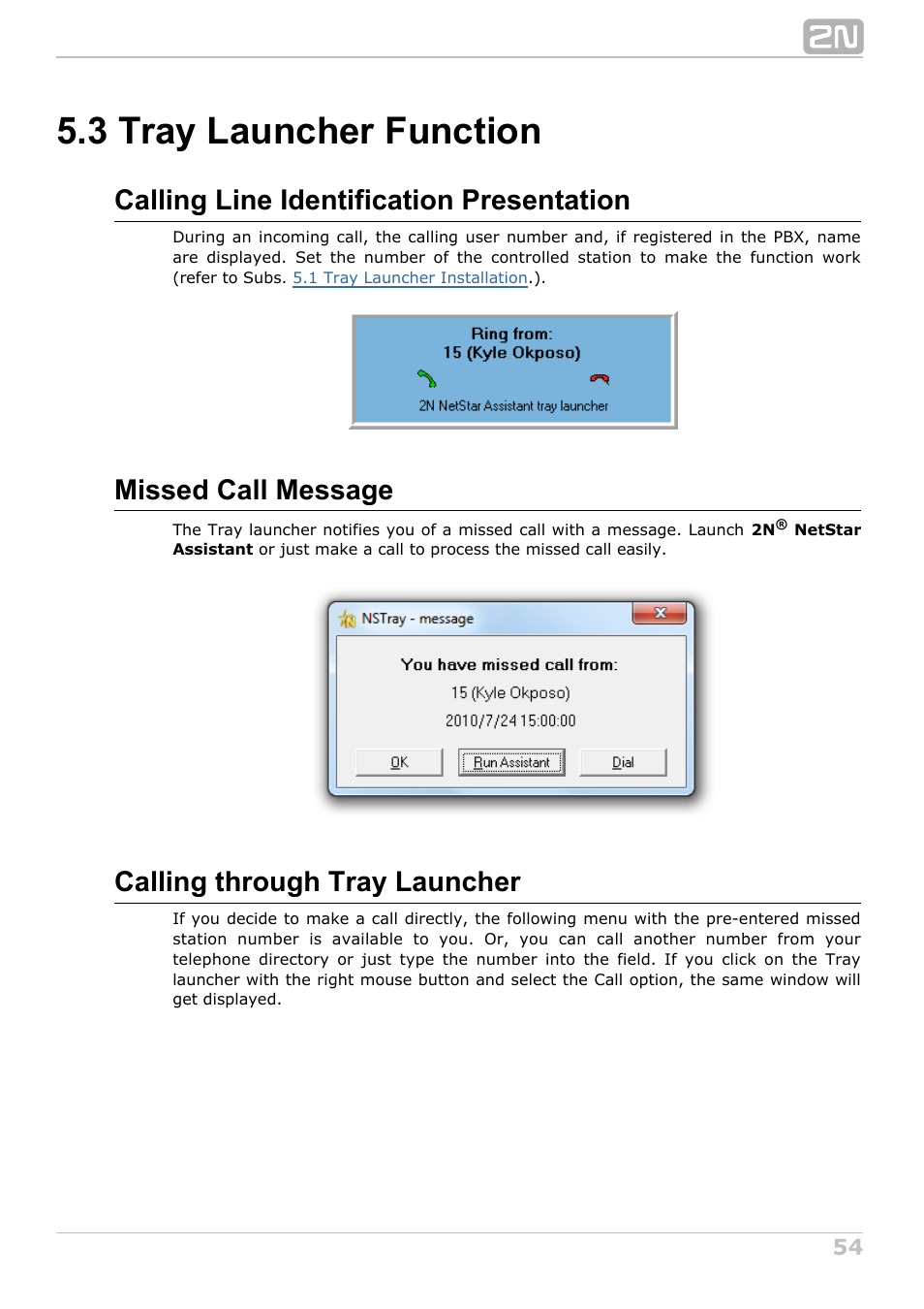 3 tray launcher function, Calling line identification presentation, Missed call message | Calling through tray launcher | 2N NetStar Assistant manual User Manual | Page 54 / 91