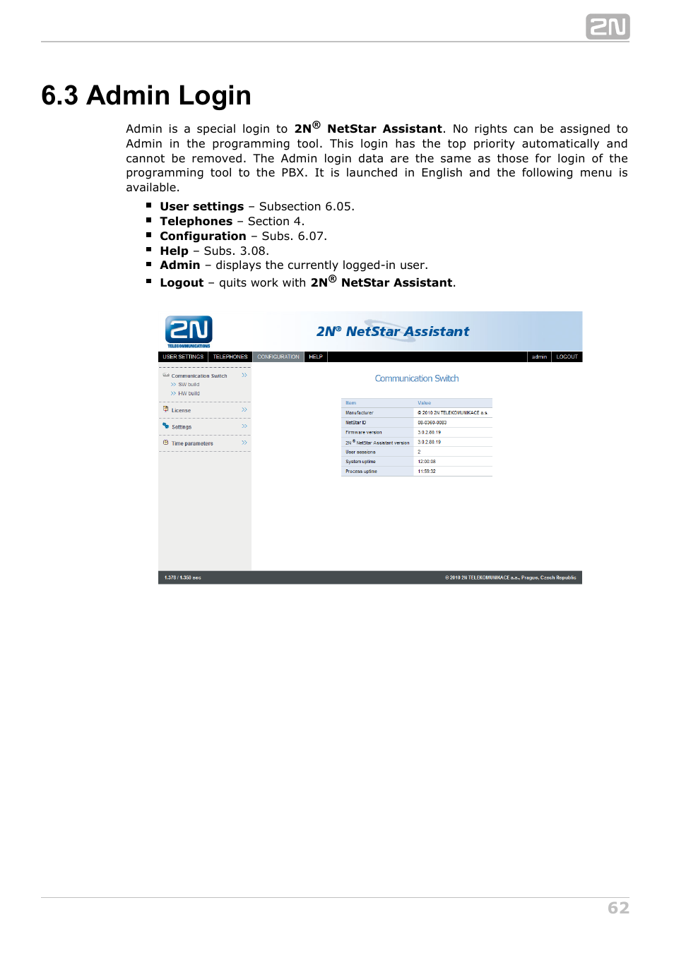 3 admin login | 2N NetStar Assistant manual User Manual | Page 62 / 91