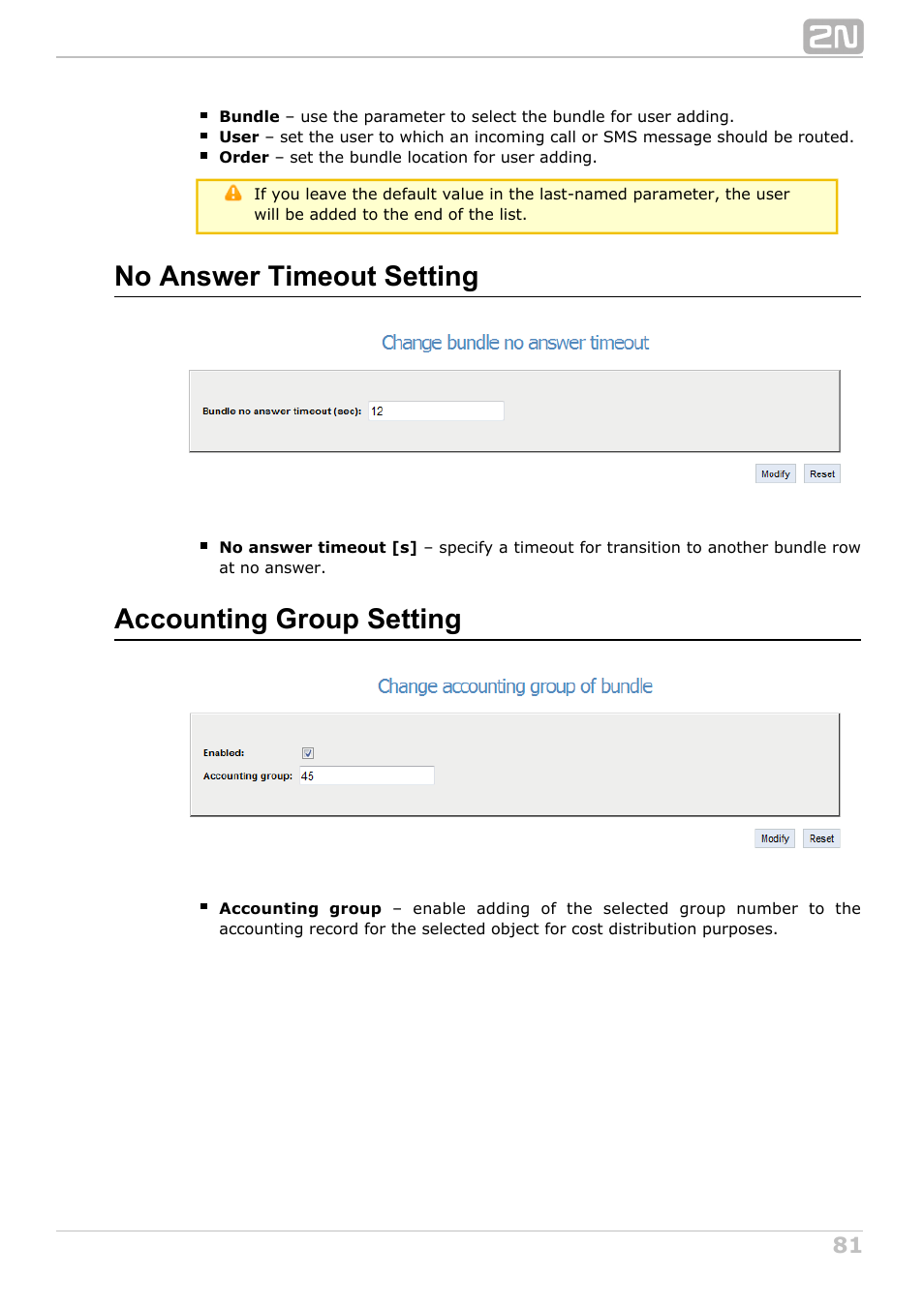 No answer timeout setting, Accounting group setting | 2N NetStar Assistant manual User Manual | Page 81 / 91