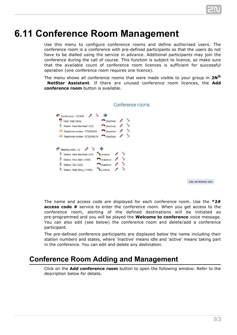 11 conference room management, Conference room adding and management | 2N NetStar Assistant manual User Manual | Page 83 / 91