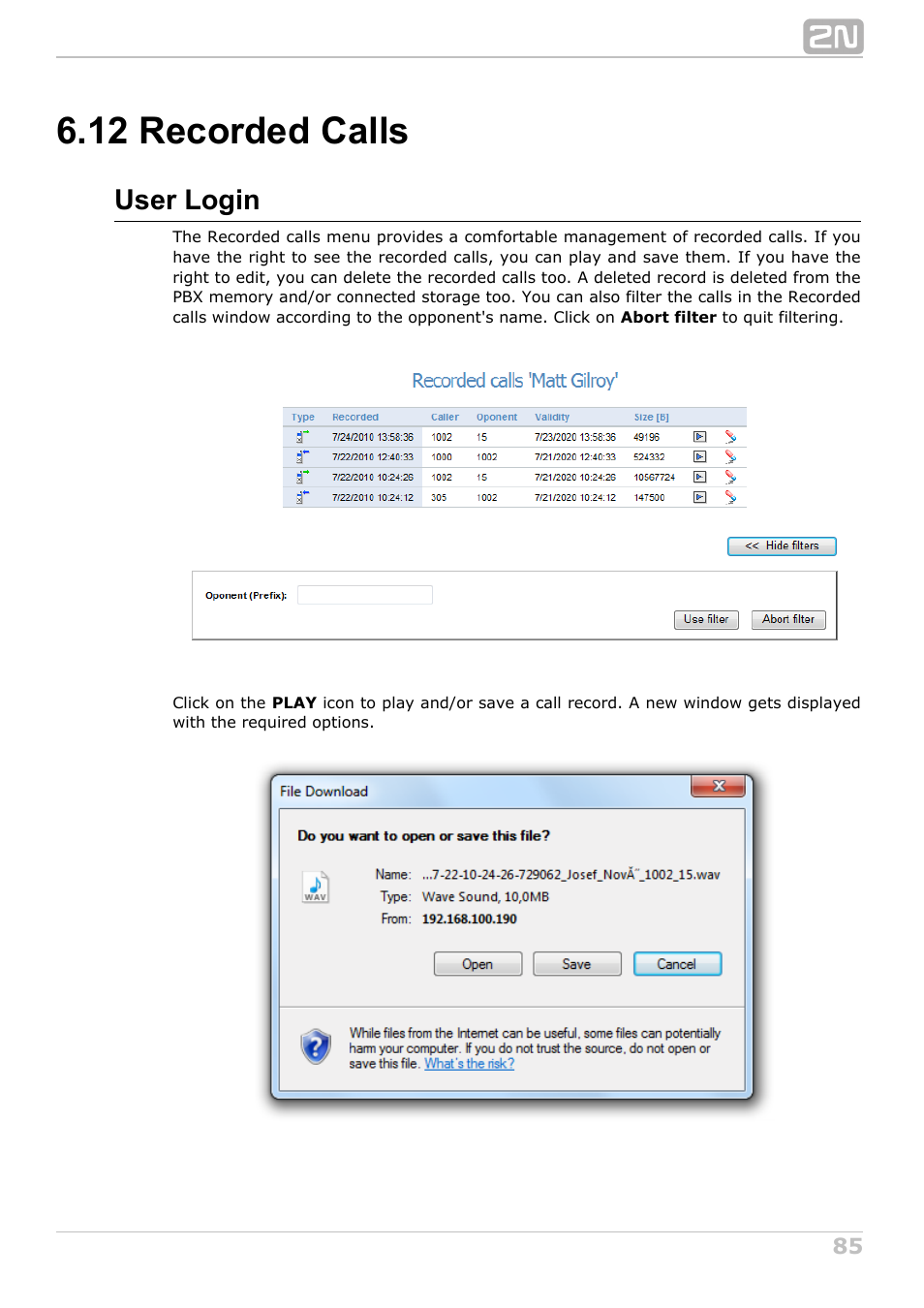 12 recorded calls, User login | 2N NetStar Assistant manual User Manual | Page 85 / 91