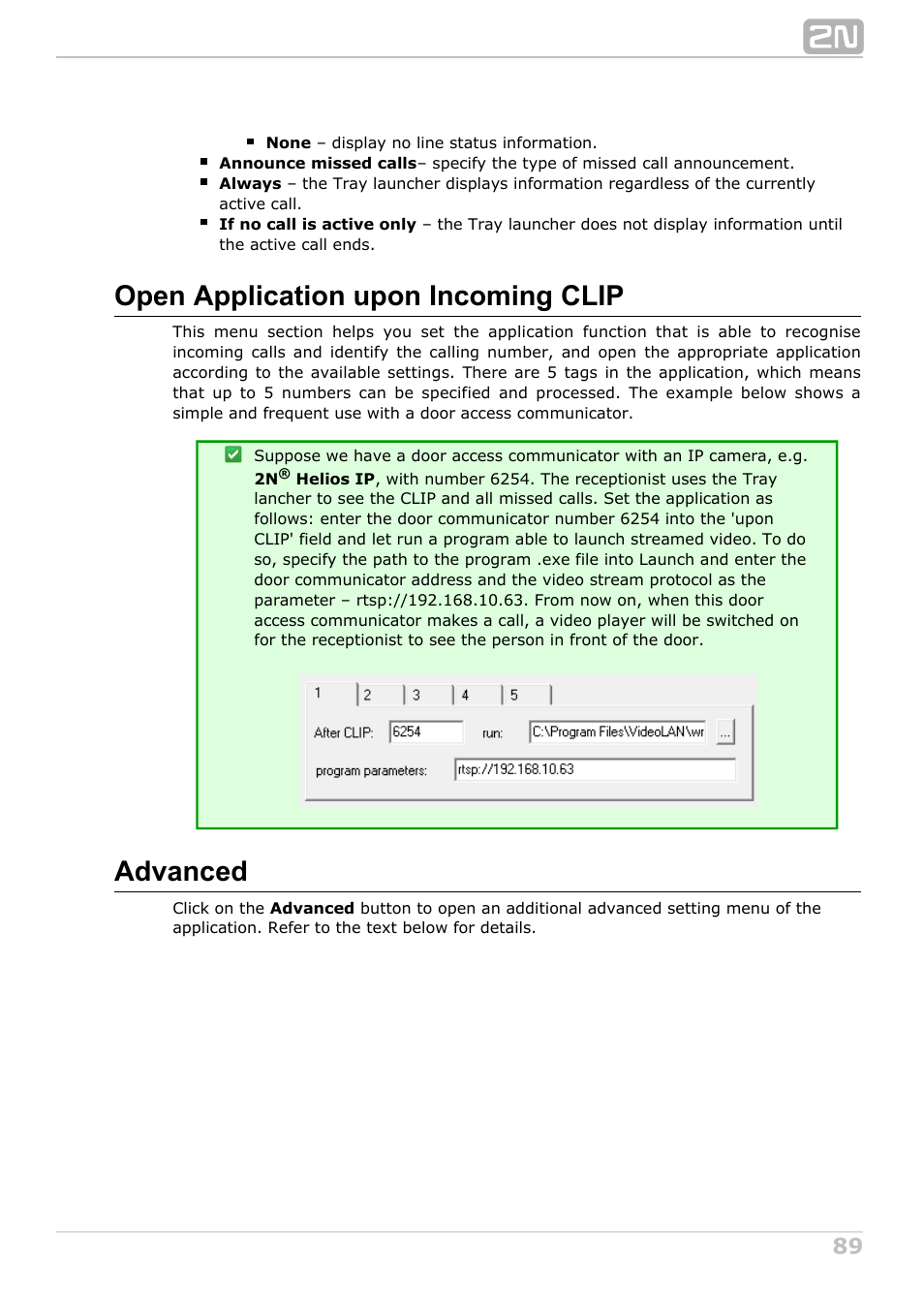 Open application upon incoming clip, Advanced | 2N NetStar Assistant manual User Manual | Page 89 / 91