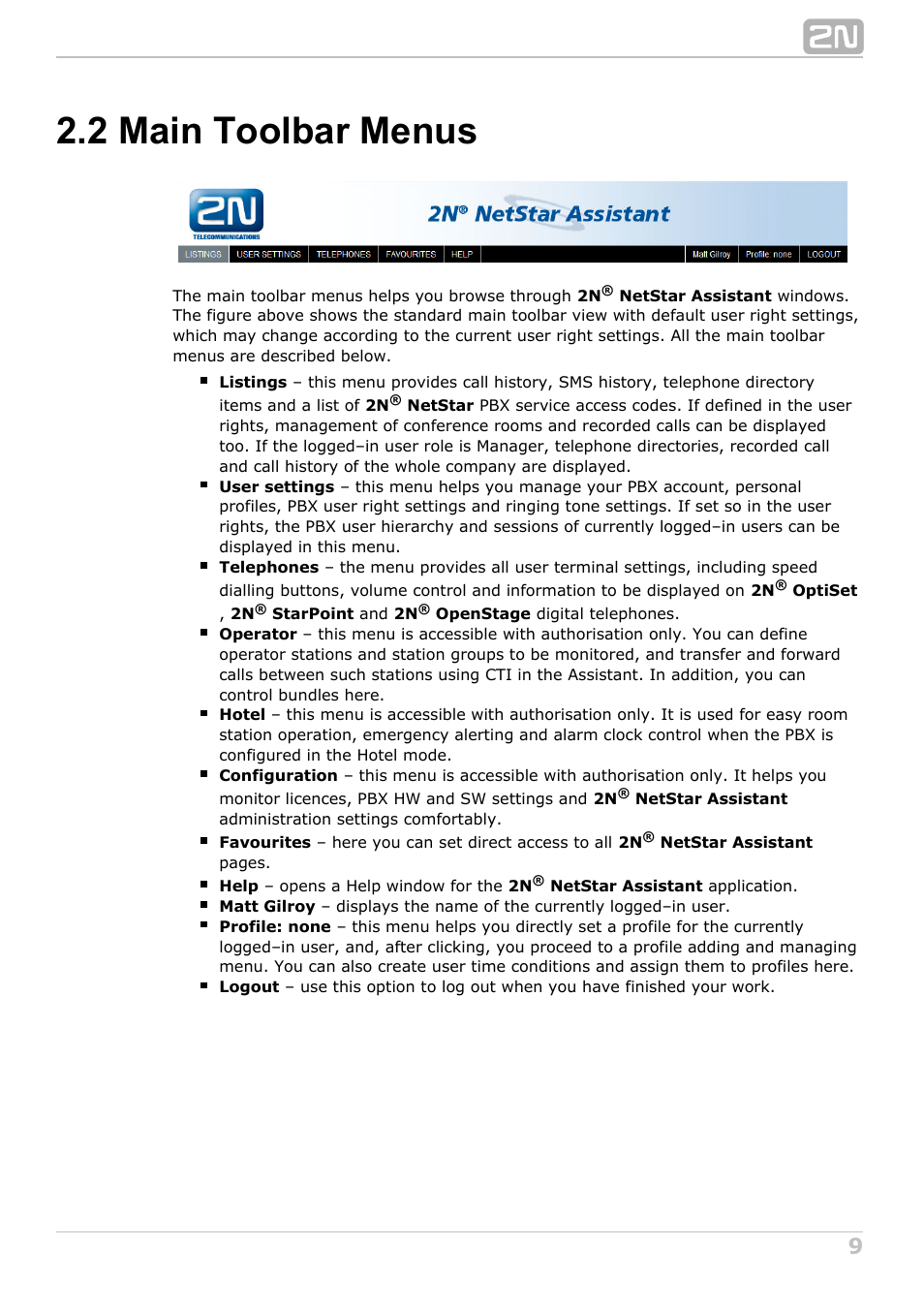 2 main toolbar menus | 2N NetStar Assistant manual User Manual | Page 9 / 91