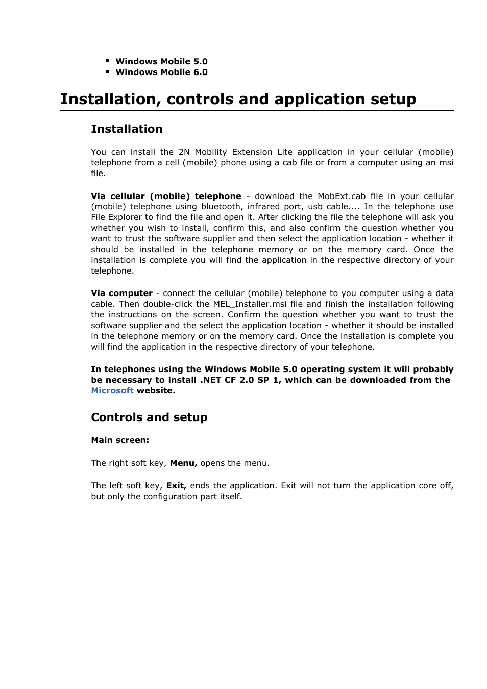 Installation, controls and application setup, Installation, Controls and setup | 2N NetStar Help for WMobile ME Lite Application User Manual | Page 2 / 10