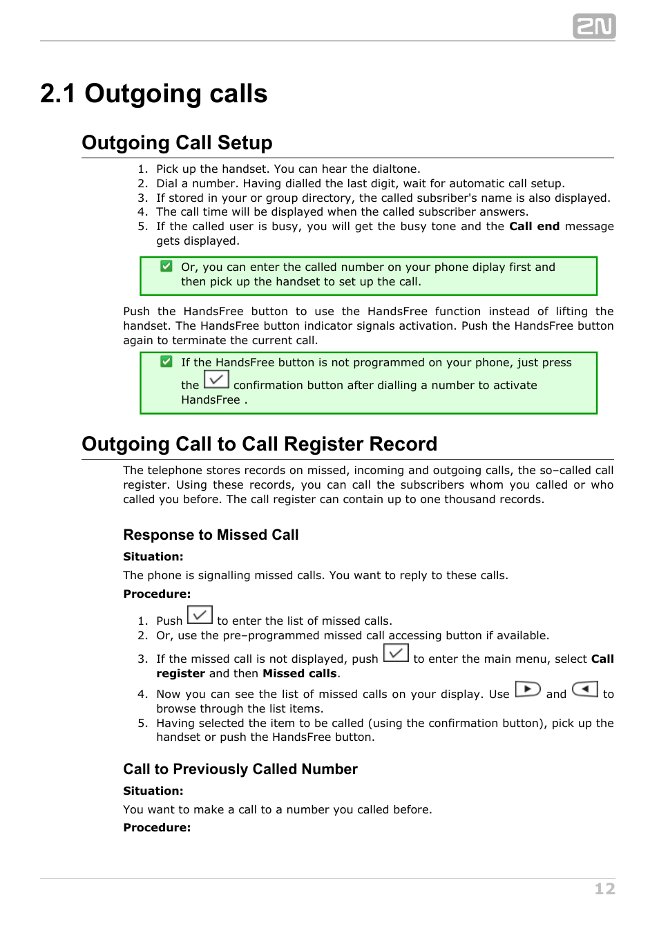 1 outgoing calls, Outgoing call setup, Outgoing call to call register record | Response to missed call, Call to previously called number | 2N StarPoint manual User Manual | Page 12 / 60