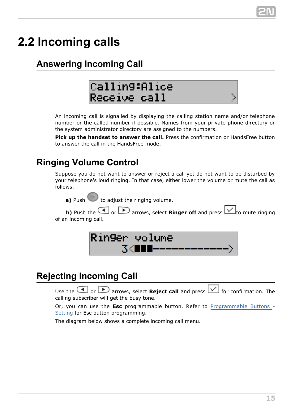 2 incoming calls, Answering incoming call, Ringing volume control | Rejecting incoming call | 2N StarPoint manual User Manual | Page 15 / 60