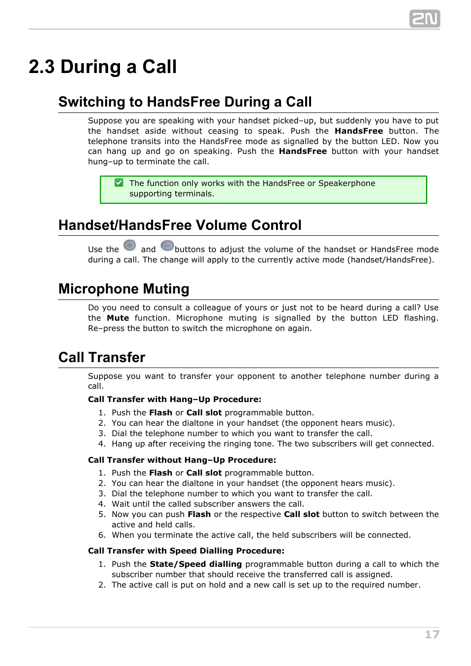 3 during a call, Switching to handsfree during a call, Handset/handsfree volume control | Microphone muting, Call transfer | 2N StarPoint manual User Manual | Page 17 / 60