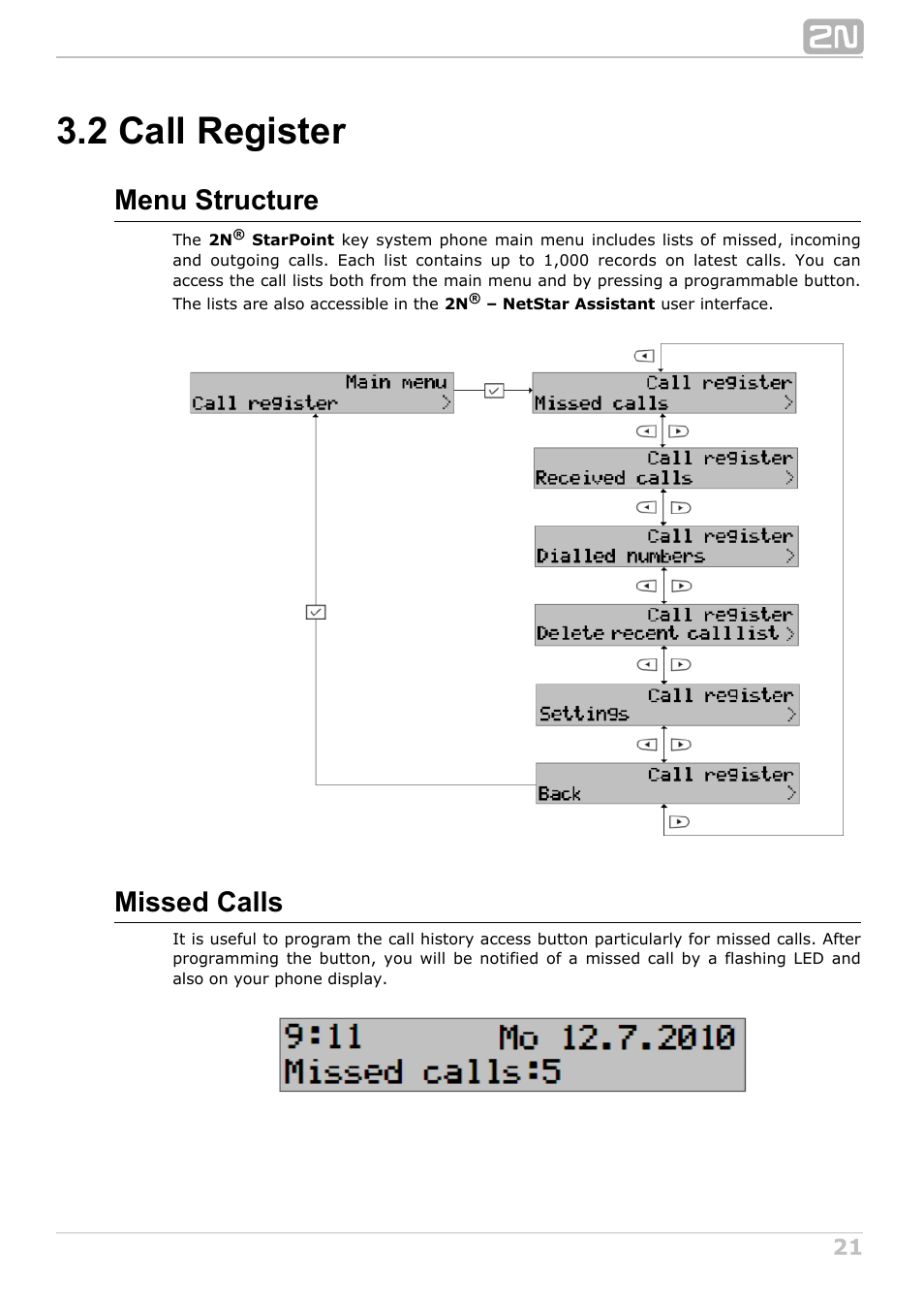 2 call register, Menu structure, Missed calls | 2N StarPoint manual User Manual | Page 21 / 60