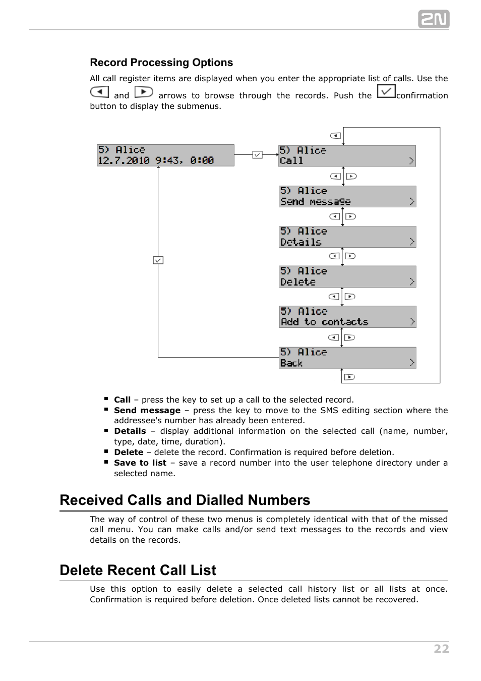 Received calls and dialled numbers, Delete recent call list | 2N StarPoint manual User Manual | Page 22 / 60