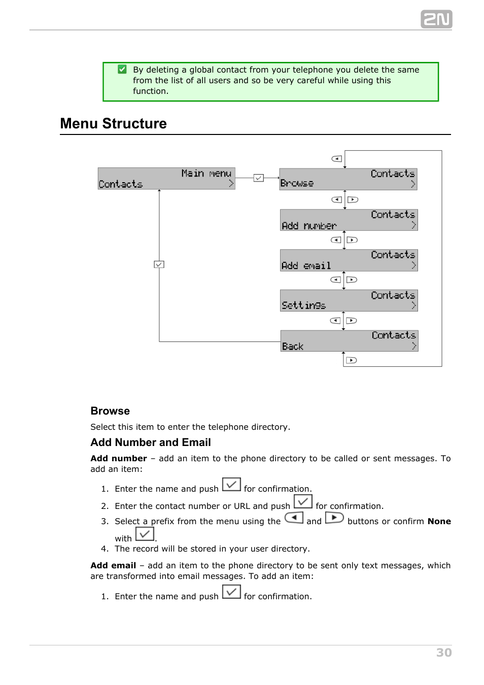 Menu structure, Browse, Add number and email | 2N StarPoint manual User Manual | Page 30 / 60