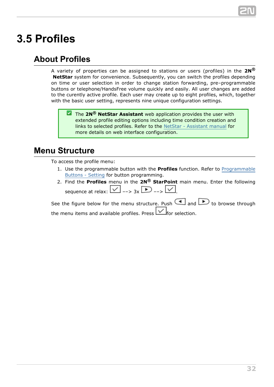 5 profiles, About profiles, Menu structure | 2N StarPoint manual User Manual | Page 32 / 60