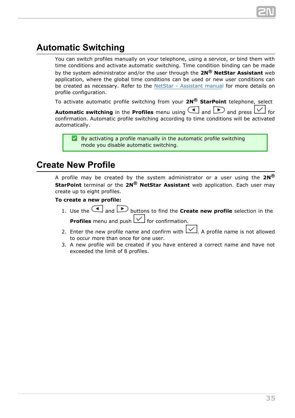 Automatic switching, Create new profile | 2N StarPoint manual User Manual | Page 35 / 60