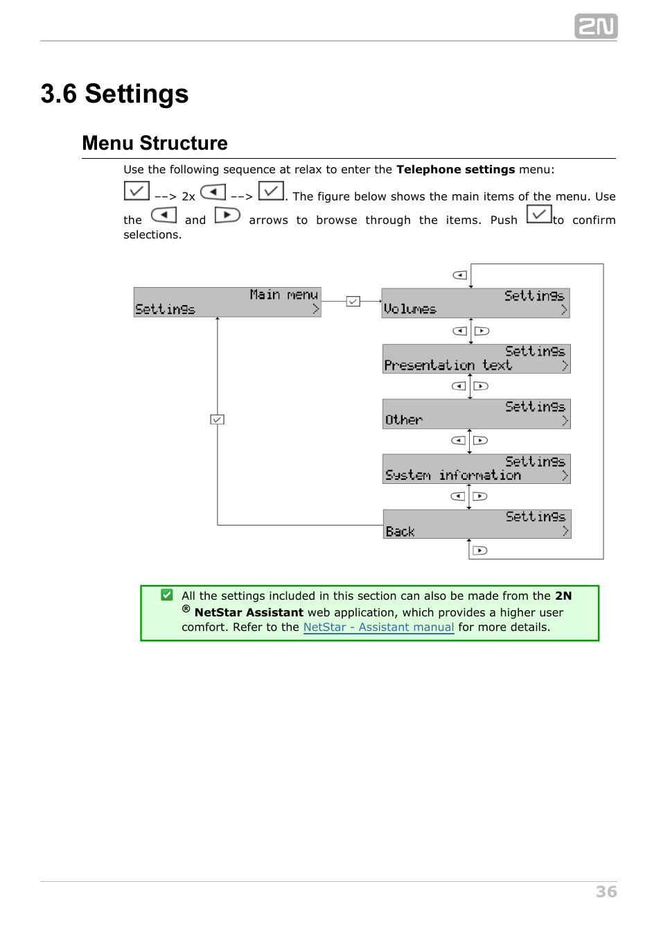 6 settings, Menu structure | 2N StarPoint manual User Manual | Page 36 / 60