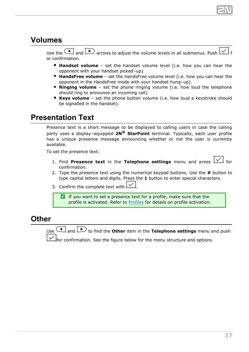 Volumes, Presentation text, Other | 2N StarPoint manual User Manual | Page 37 / 60