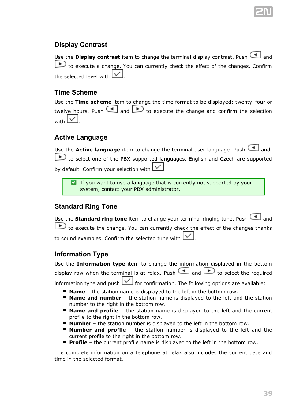 Display contrast, Time scheme, Active language | Standard ring tone, Information type | 2N StarPoint manual User Manual | Page 39 / 60