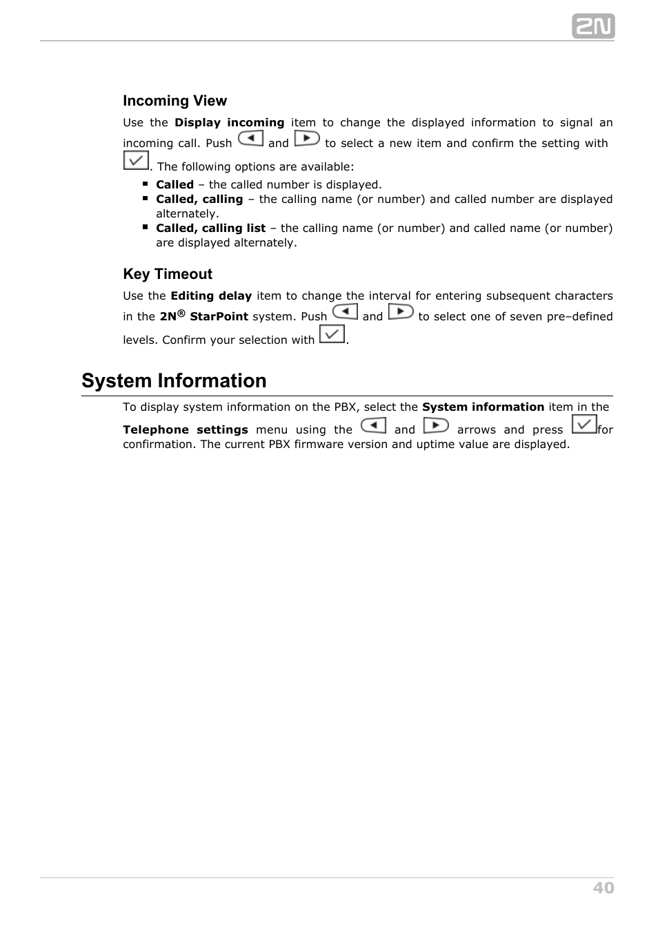 System information, Incoming view, Key timeout | 2N StarPoint manual User Manual | Page 40 / 60