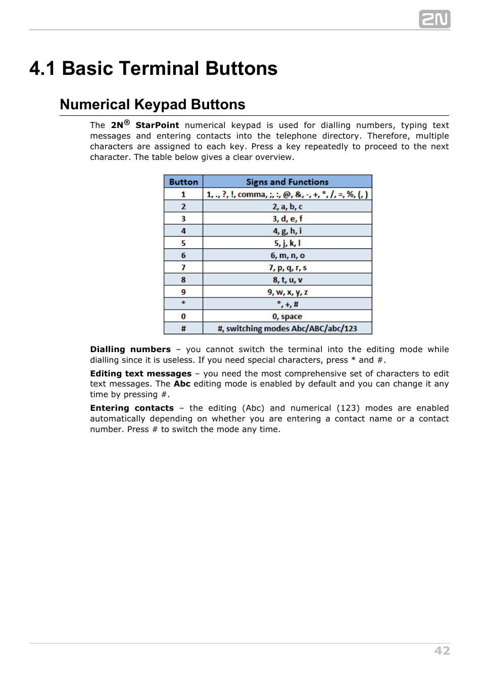 1 basic terminal buttons, Numerical keypad buttons | 2N StarPoint manual User Manual | Page 42 / 60