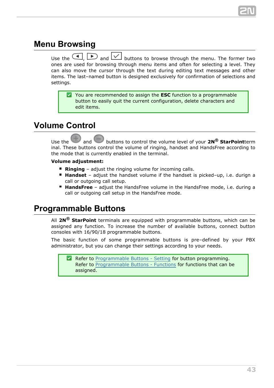 Menu browsing, Volume control, Programmable buttons | 2N StarPoint manual User Manual | Page 43 / 60