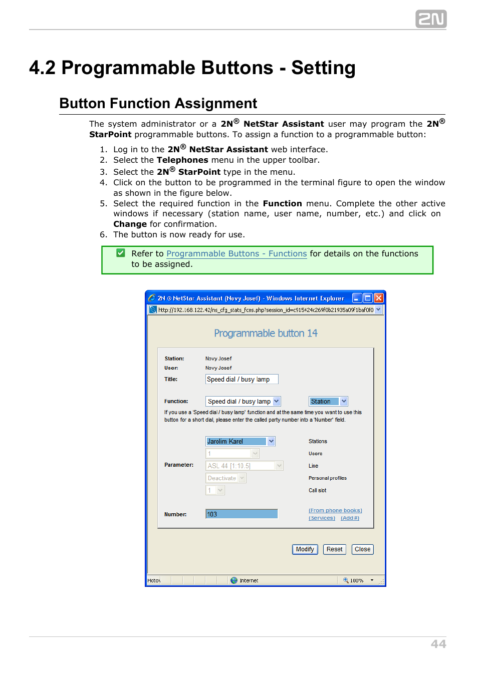 2 programmable buttons - setting, Button function assignment | 2N StarPoint manual User Manual | Page 44 / 60